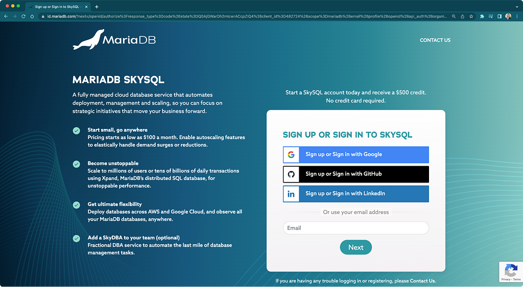 SkySQL portal sign up page