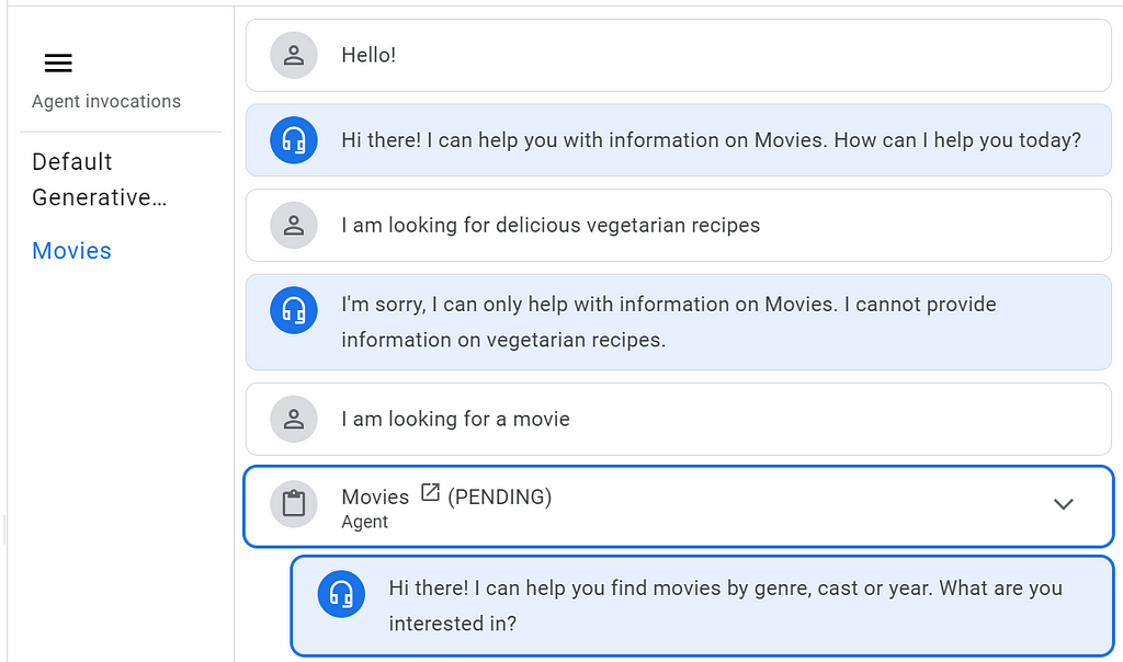 A conversation example of the default agent covering basic greetings, an out-of-scope request and a transfer to the Movies agent. The highlighted portion of the conversation is now being handled by the Movies agent.