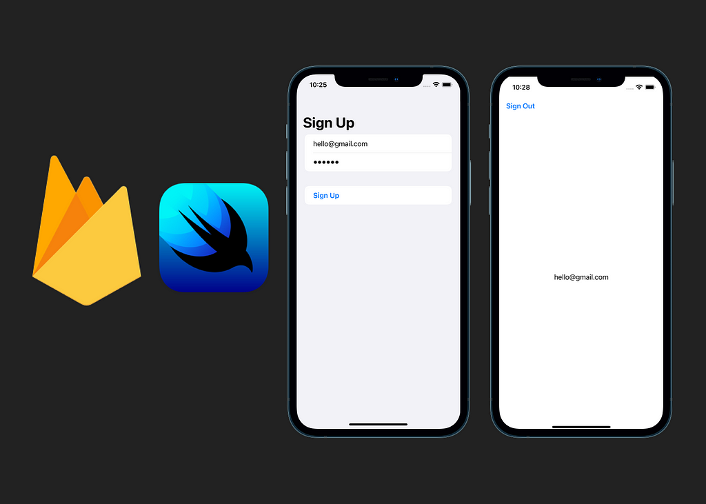 The Firebase and SwiftUI logo with 2 iPhones screens