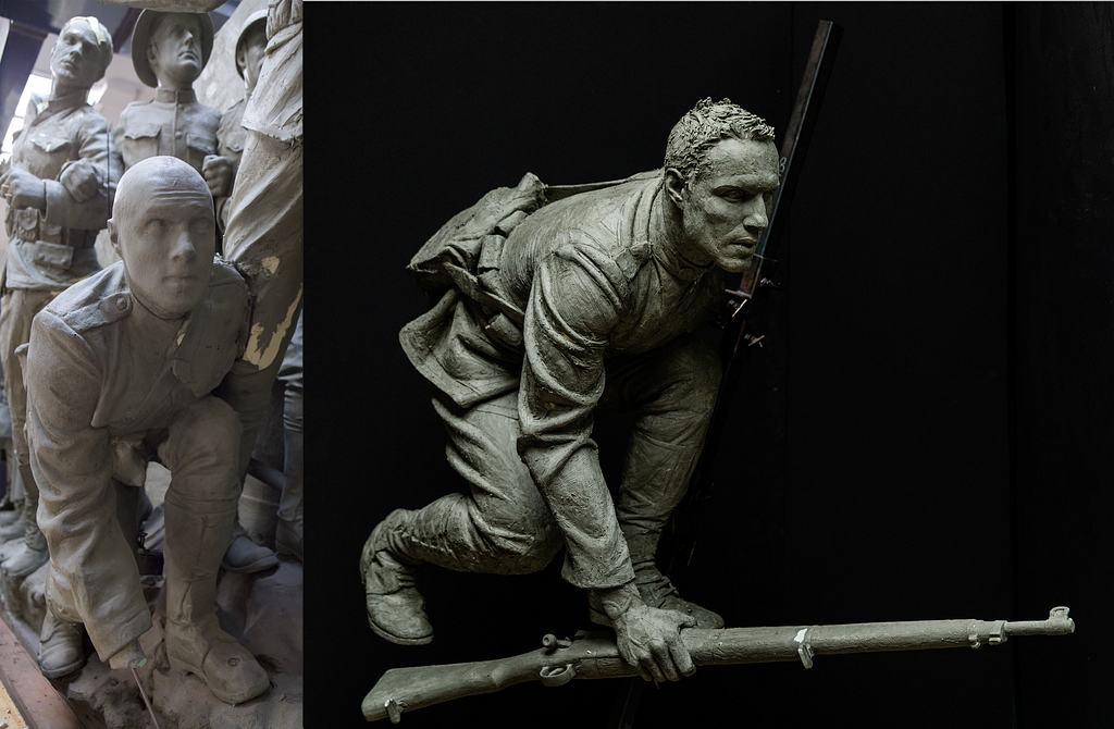 Sabin Howard’s Crouching Guy before and after sculpting