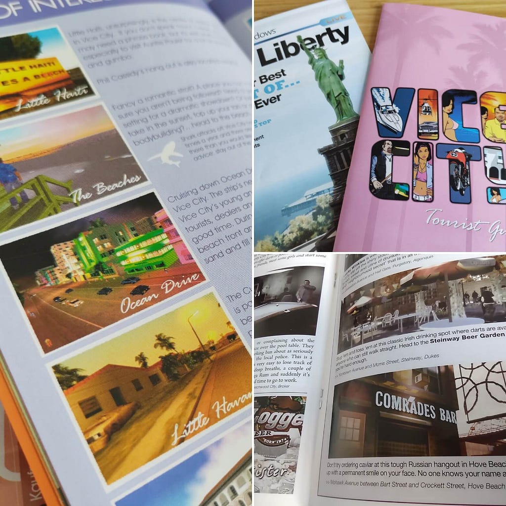 Photographs of the Grand Theft Auto: Vice City and Grand Theft Auto IV game manuals.