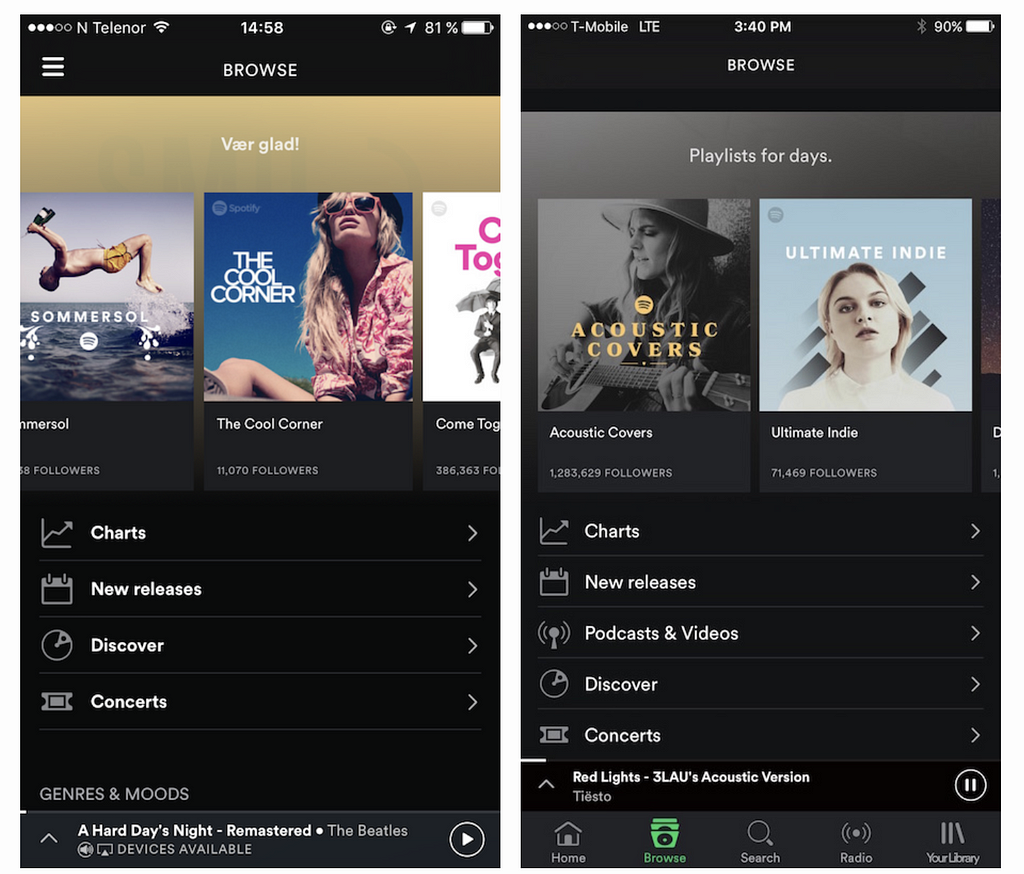 Old and new interface of Spotify compared side-by-side.