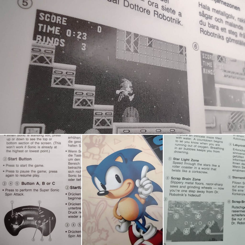 A collage of various photographs taken of the Sonic the hedgehog manual