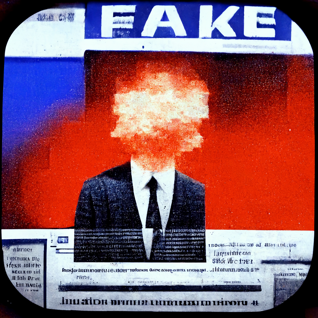 an abstract image of a news report, headline reads ‘fake’
