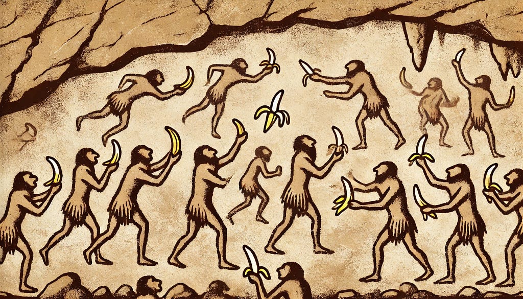 The cave art of humans dancing and competing with each other by holding bananas in their hands.