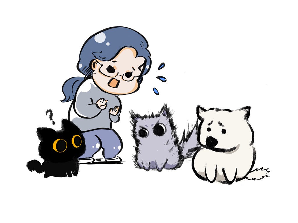 An illustration shows a person with glasses and tied-back hair, looking surprised and concerned, with sweat drops indicating worry. They are surrounded by three figures representing product features: a black cat with orange eyes (Gen AI), a fluffy gray cat that is puffed up and angry, and a white dog. The angry gray cat and uneasy white dog highlight the potential conflict or overlap between Gen AI and existing features.