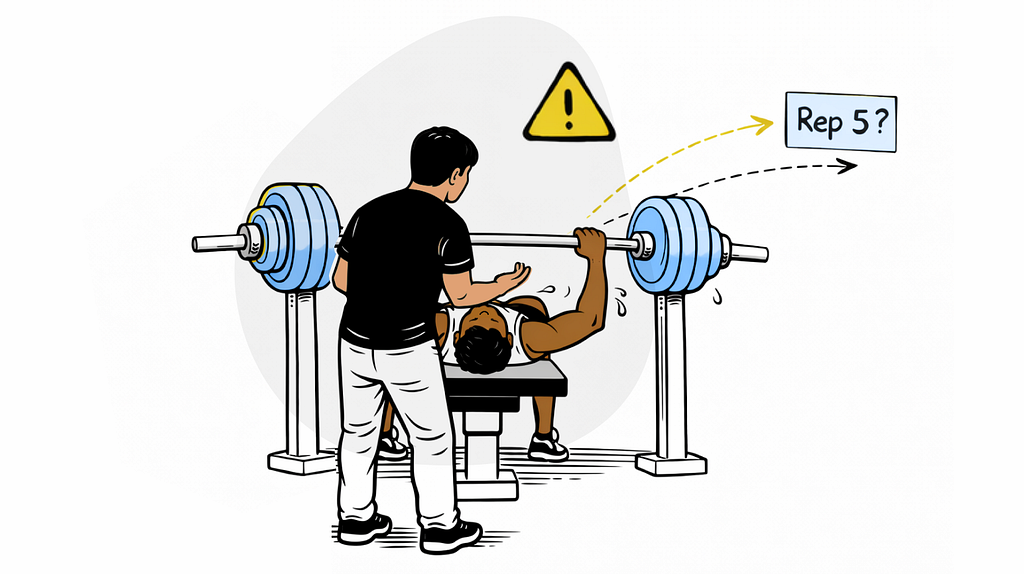 Spotter, in position near lifter on a bench. Signals struggle and waiting to step in.