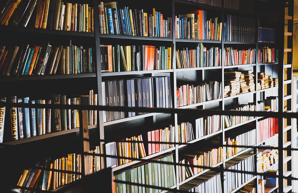 A bookcase filled with books covering an entire wall.