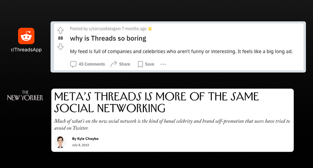 Image showing comments on Redditt forums and an article on The New Yorker mentioning how content on Threads sounded salesy.