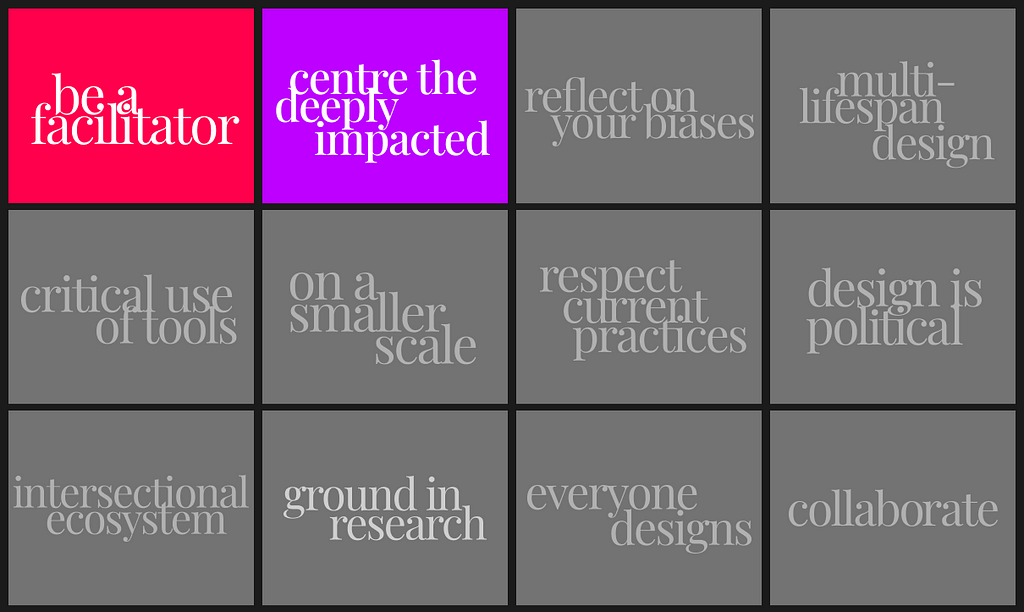 Image of all 12 Design for Collective Spaces principles. With only “Be a facilitator” and “centre the deeply impacted” highlighed.