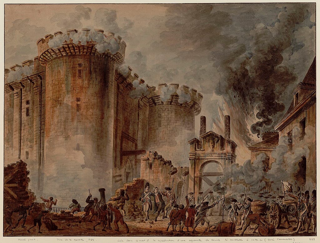 La Bastille en flammes pendant l’assaut du 14 juillet 1789, tandis que des combattants entourent le gouverneur de Launay au pied de la forteresse.