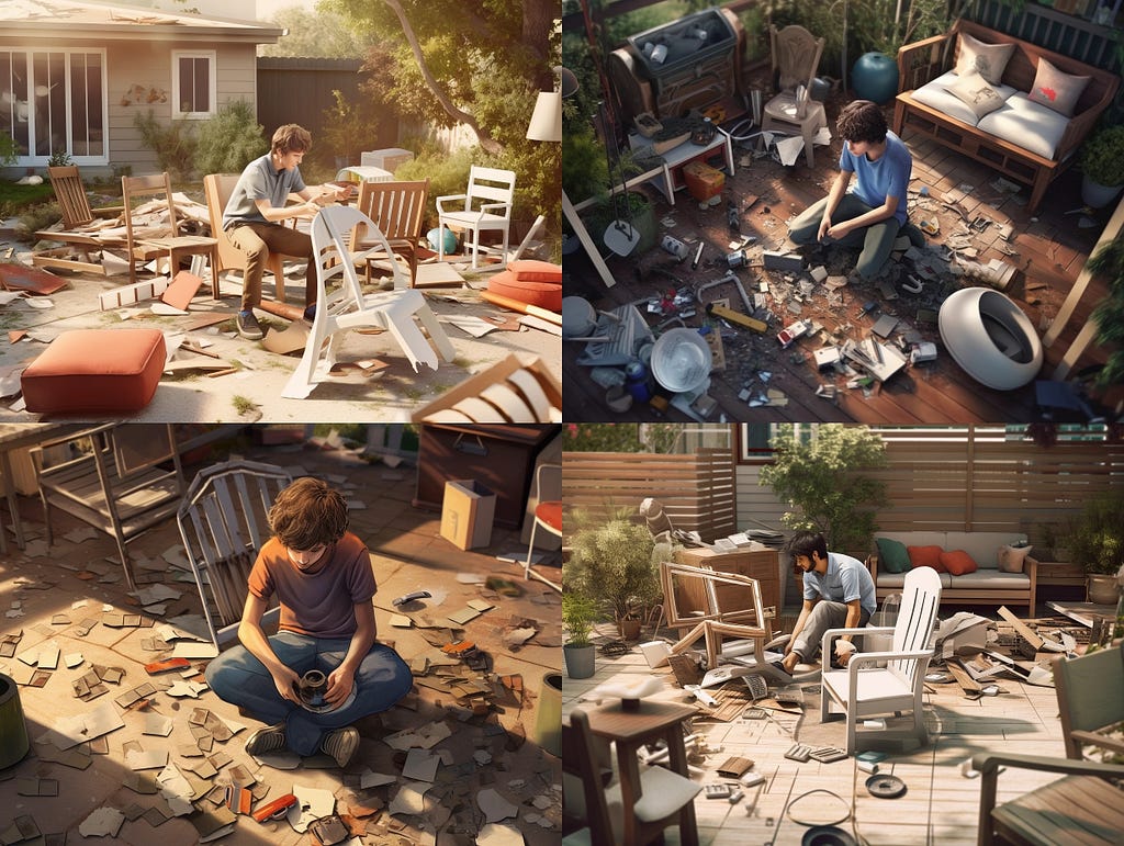 teenager sits in the middle of a mess while trying to build patio furniture