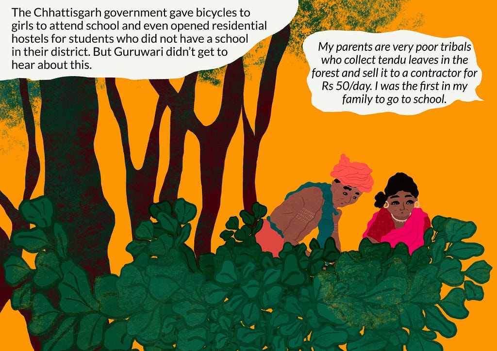 An illustration of Guruwari’s parents collecting Tendu leaves. Guruwari says that her parents are poor.