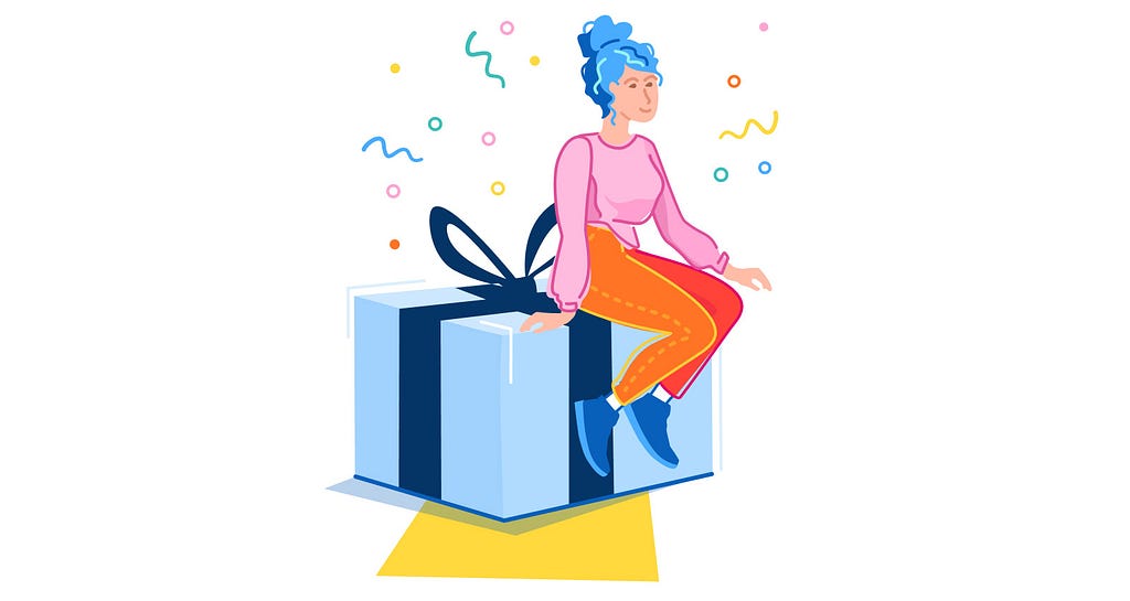 A colourful illustration of a woman who sits on a gigantic present. She is excited to unwrap it.