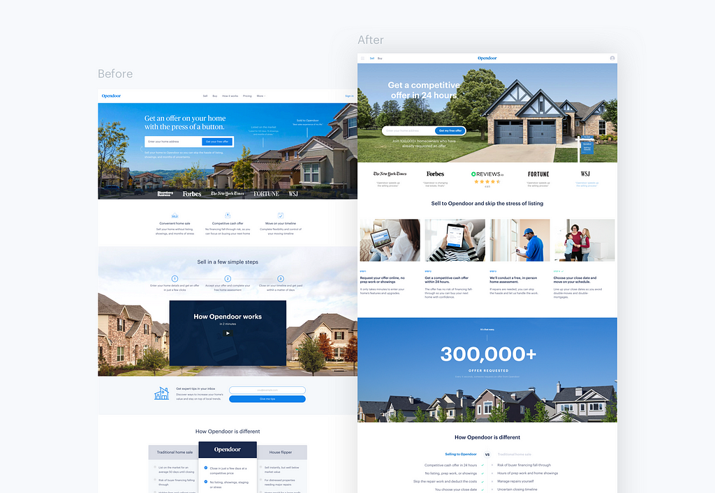 Before and after comparison of the homepage