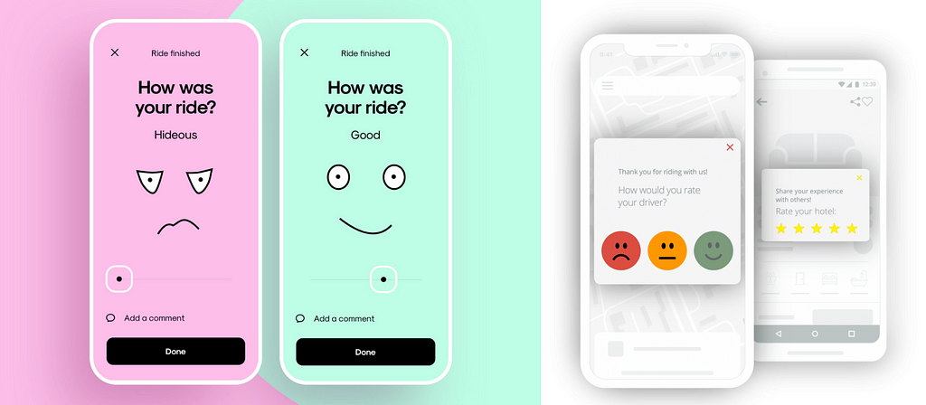 Example images of how apps ask about your emotional stance on the service or product after you are done using it. The first image shows the question “How was your ride” followed by a slider where you can choose a sad face, a happy face, or anything in between. The second image shows the interface of a cab app with the question “How would you rate your driver” and has 3 emojis to depict bad, neutral, and good emotions.