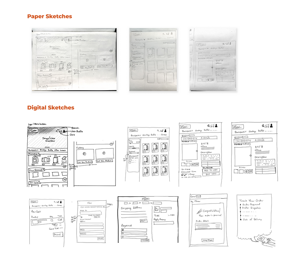 Photos of initial paper sketches of FGear screen designs with digital versions of it.