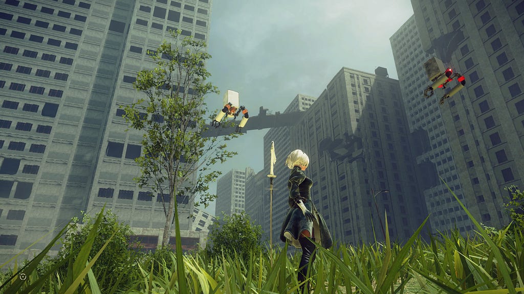 2B takes in the city ruins.