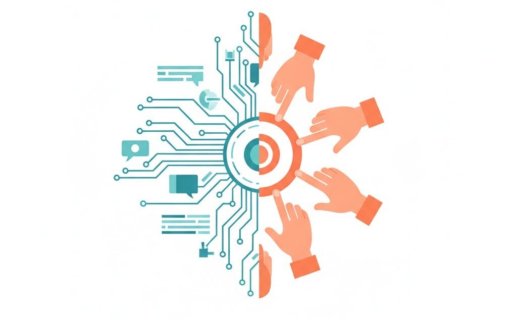 Central target with four coral hands reaching toward it, connected by teal circuit board lines and technology icons