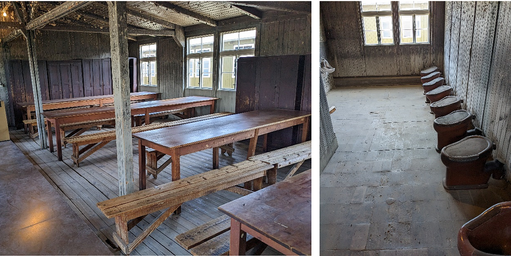 Two pictures: Wooden tables and benches. Eight toilets without seats.