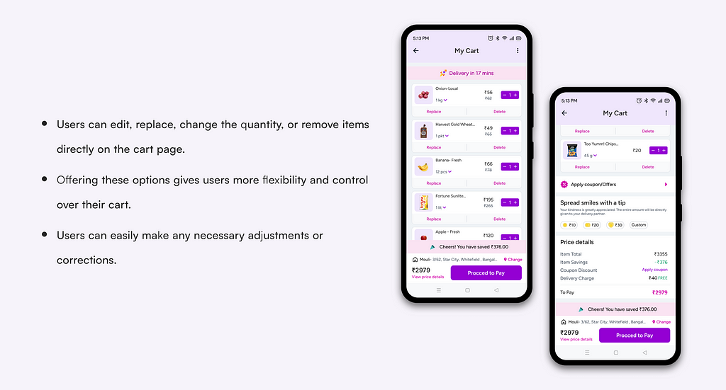 Image mockup of a cart page with options to edit, replace, change the quantity, or remove items. This gives users more flexibility and control over their cart, allowing them to easily make any necessary adjustments or corrections.