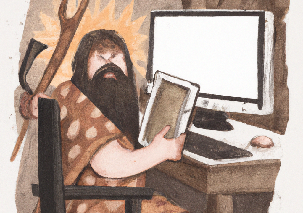 Caveman working on a computer