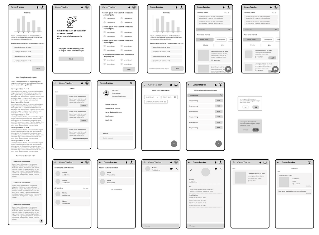 Image of Iterated digital wireframes of career tracker.