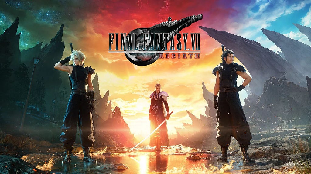 Capa de Final Fantasy VII Rebirth, com Cloud do lado esquerdo, Sephiroth centralizado e Zack no lado direito.