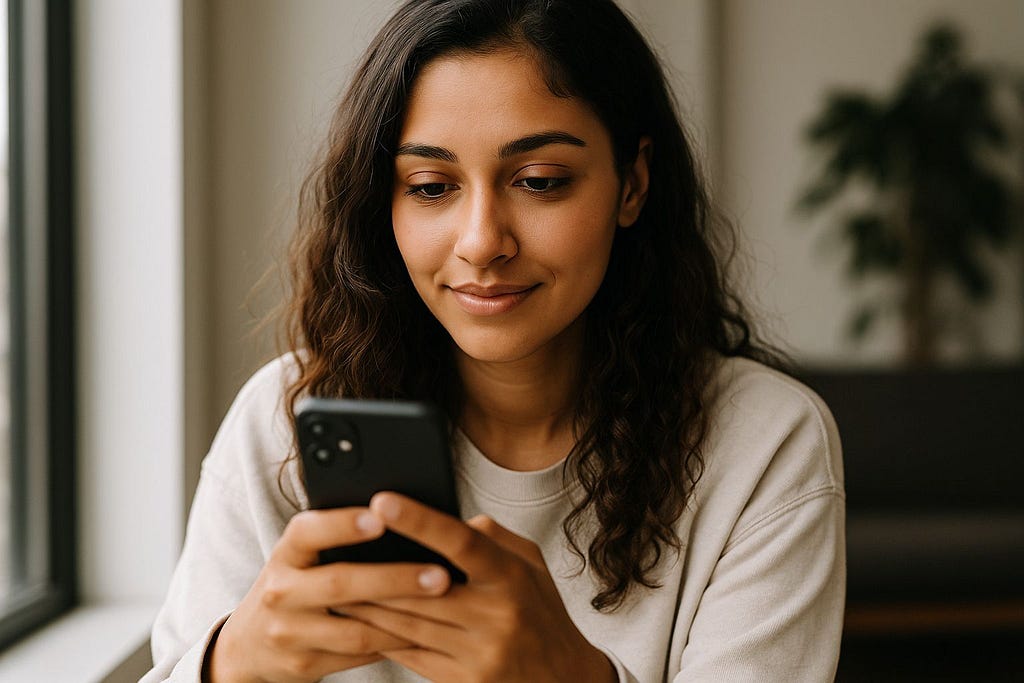 lady using android phone and feeling secure