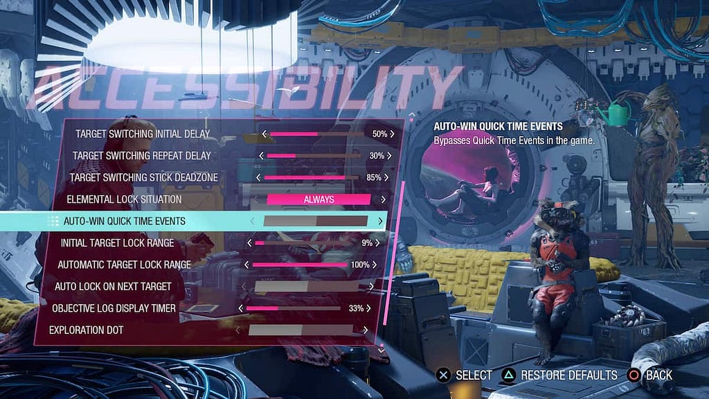 Options menu for the game Guardians of the Galaxy, including disabling quick time events in the game.