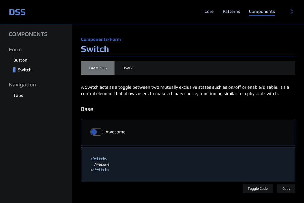 DSS Documentation Website in action, showcasing the same Switch component in Dark theme