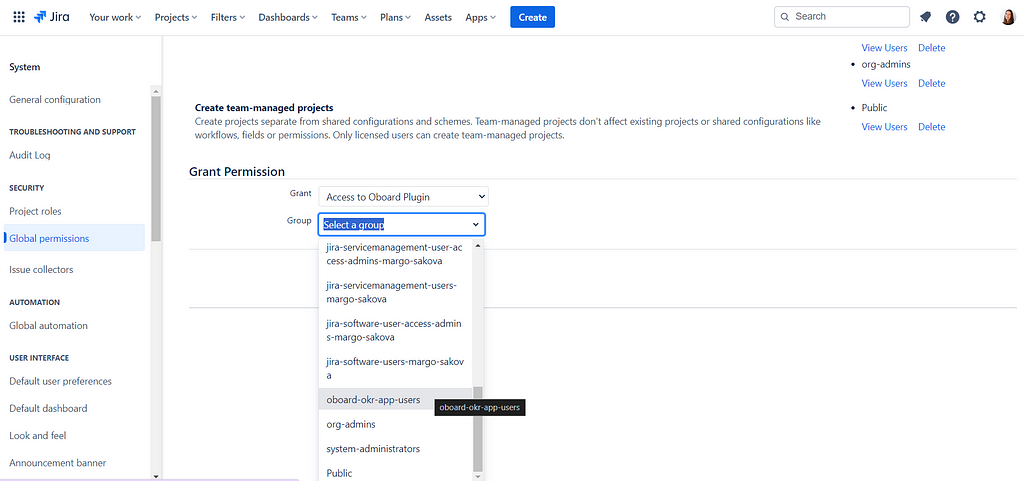 Share access with Jira group for the Oboard OKR App for Jira