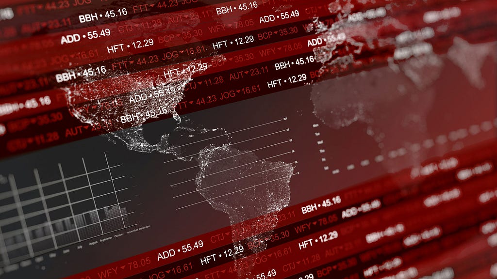 3D render of stock market crashing in a global economy.