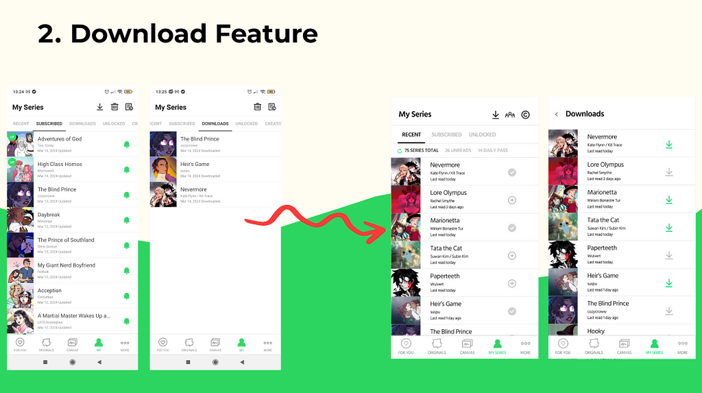 A picture showing two screenshots on the left, from the original Webtoon app: the two pages for the download feature. / On the right, two screenshots of my wireframes, that combines the download feature into one page.