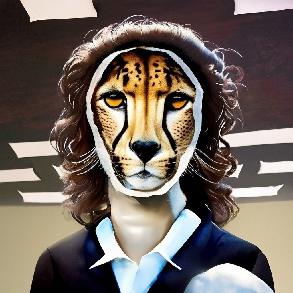 An AI generated photo of a cheetah-human hybrid. This cheetah-human hubrid has long brown wavy hair and a women’s suit on. The photo’s look is comparable to a professional headshot.