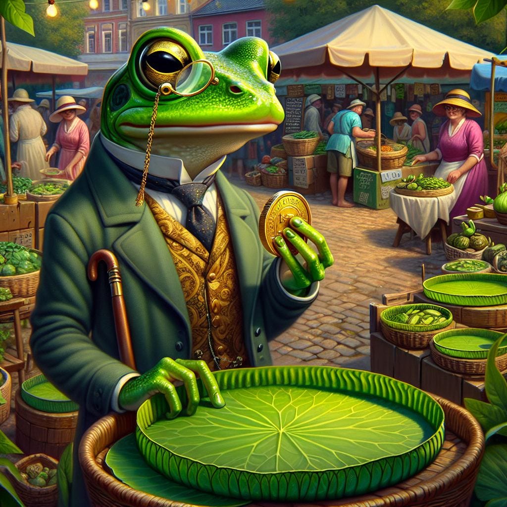 A frog purchasing a new lillypad at the market — DALLE 3