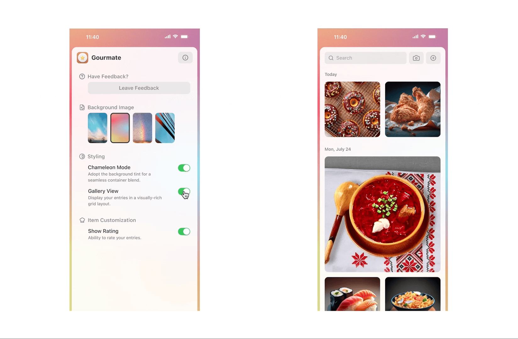 Grid view vs List view — Gourmate app
