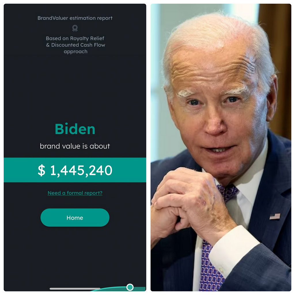 Biden brand worth estimation from BrandValuer