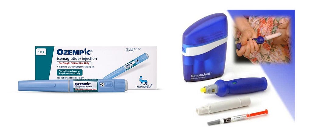 Two different kinds of self-injection device: one is a small blue tube with a visible dial and the other shows a devices that can be disassembled to reload syringes