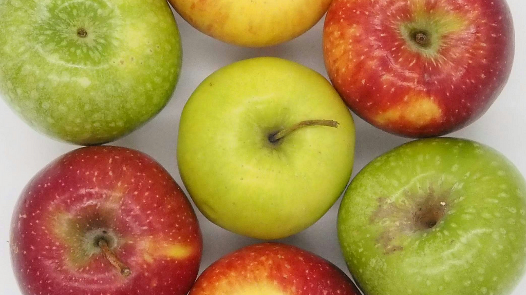 Una fotografia di mele di diverso colore e varietà, inquadrate dall’alto