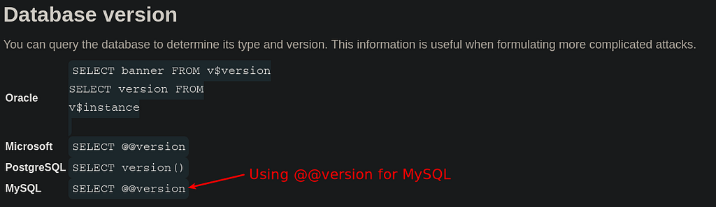 Cheat sheet showing to use @@version to retrieve MySQL database version.