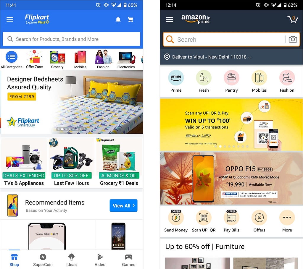Flipkart(on the left) and Amazon(on the right)