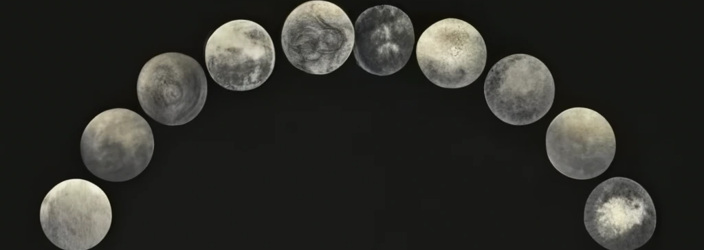 10 AI generated moons that form an arc across a dark background.