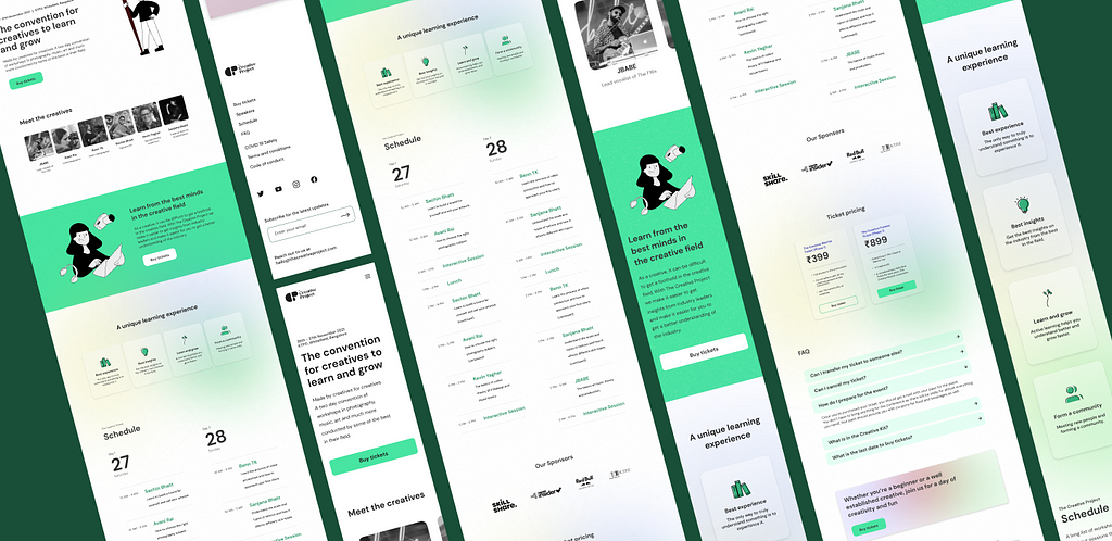 Some of the screens designed for the landing page for The Creative Project