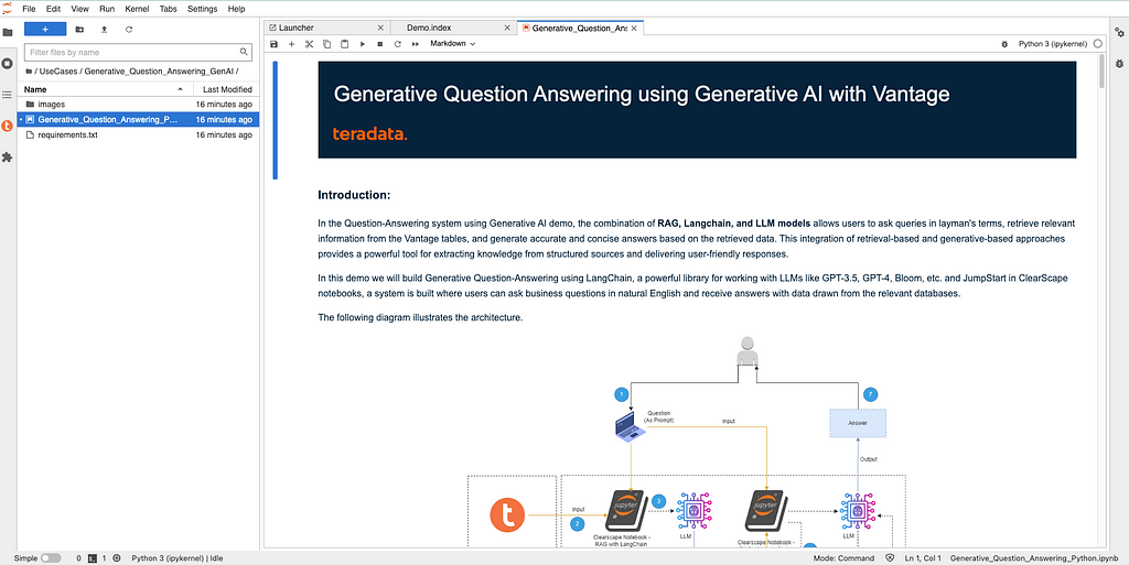 Jupyter notebook with a document titled “Generative Question Answering using Generative AI with Vantage teradata.” The introduction explains that the system utilizes a combination of Retrieval-Augmented Generation (RAG), Langchain, and Large Language Models (LLMs) to allow users to ask questions in natural language and receive accurate answers from a database. The document describes a demo that will be built to illustrate this capability and mentions a diagram showing the architecture of the sys