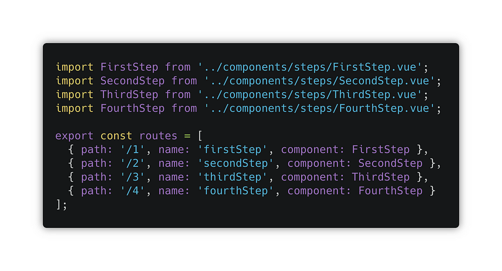 Code for the router.js file, the Vue router module.