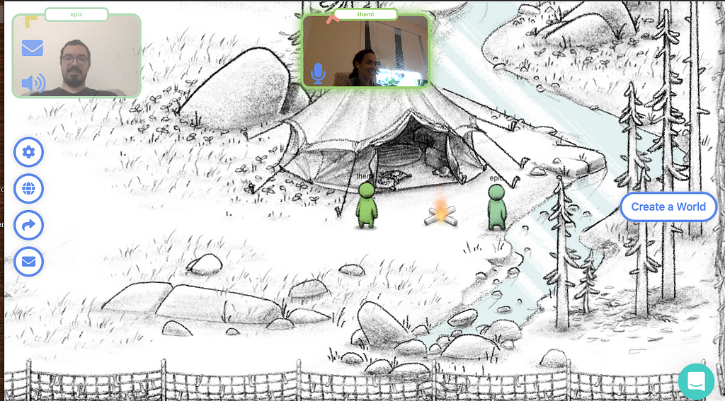 Screen Shot of Topia App. A Drawing black and white of a camp in a forest and and two people standing in front of the camp.