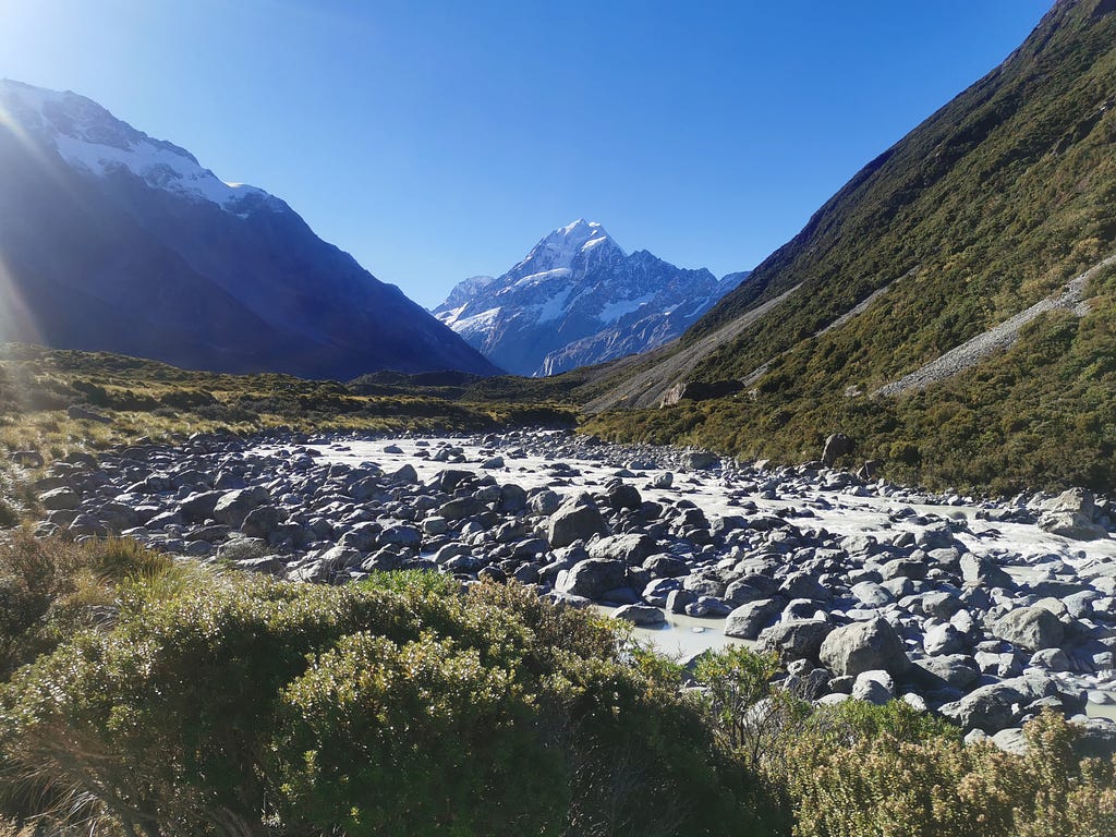 A view of Aoraki from the riverbed of the glacial river