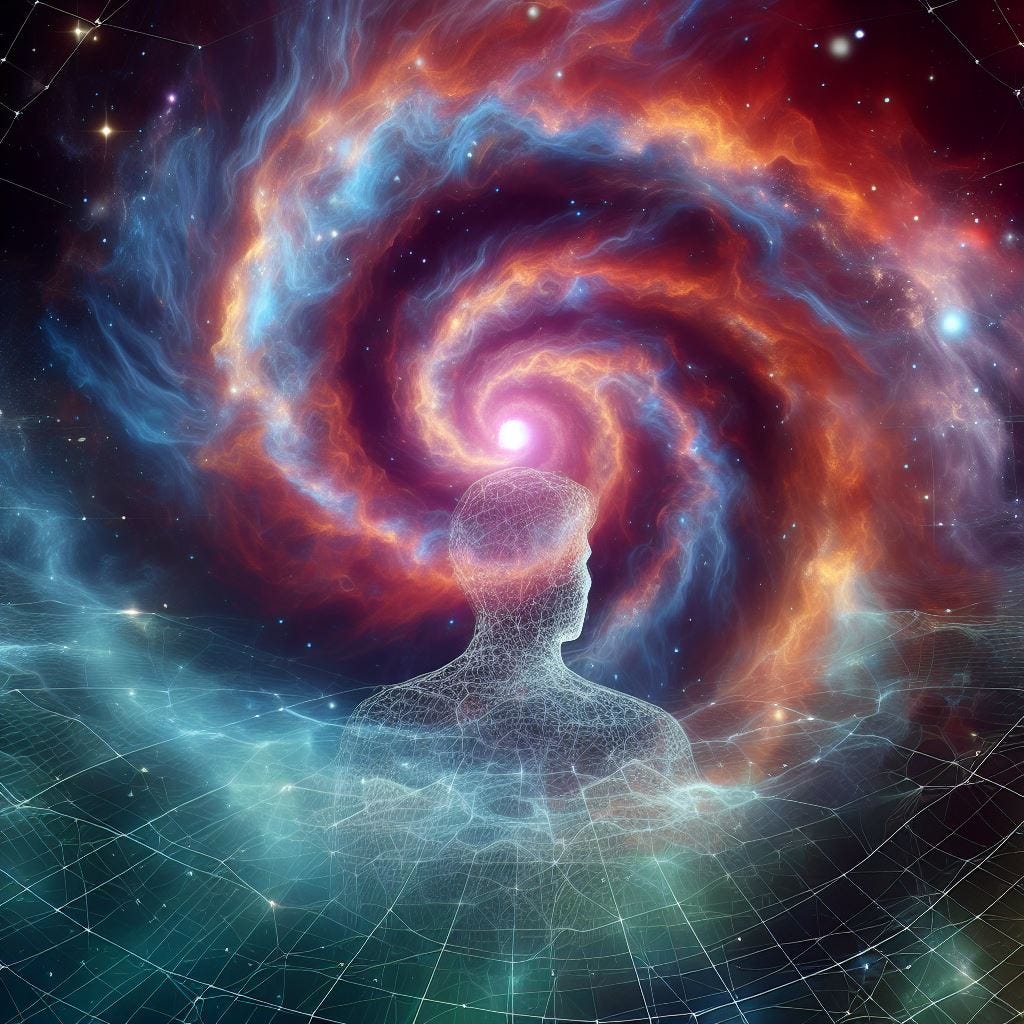 A wireframe of a person stands in contemplation, their form merging with the bright particles that make up their ethereal appearance. They gaze into a cosmic galaxy, a swirl of vibrant reds, blues, and purples that stretch across the expanse of space. Stars twinkle in the surrounding darkness, each one a beacon in the celestial landscape. Below, a grid-like pattern fades into the scene, suggesting a blend of digital existence with the physical universe.