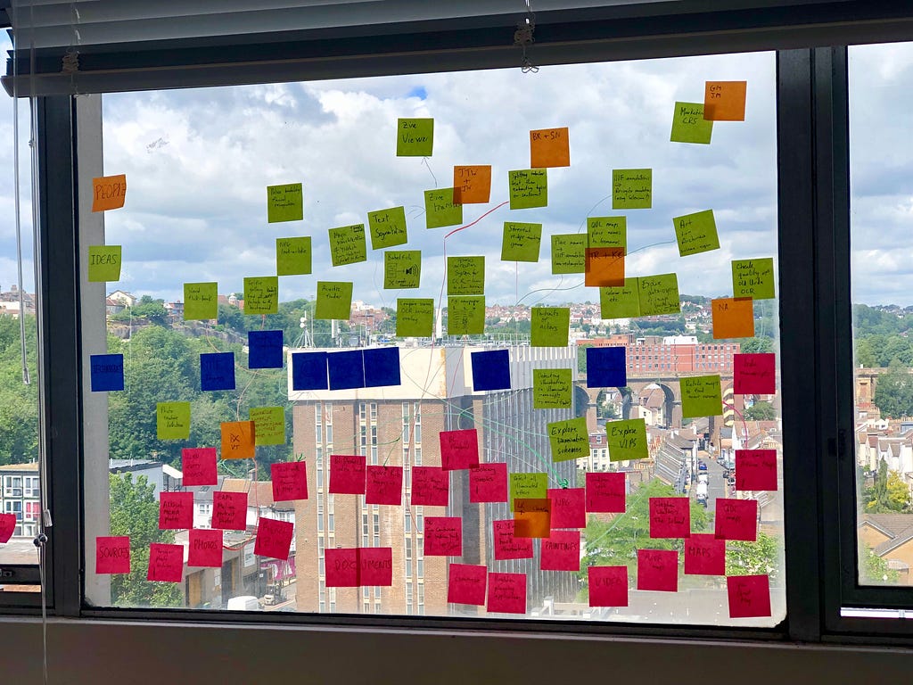 Various colour post-its on a window set up for a silent brainstorm